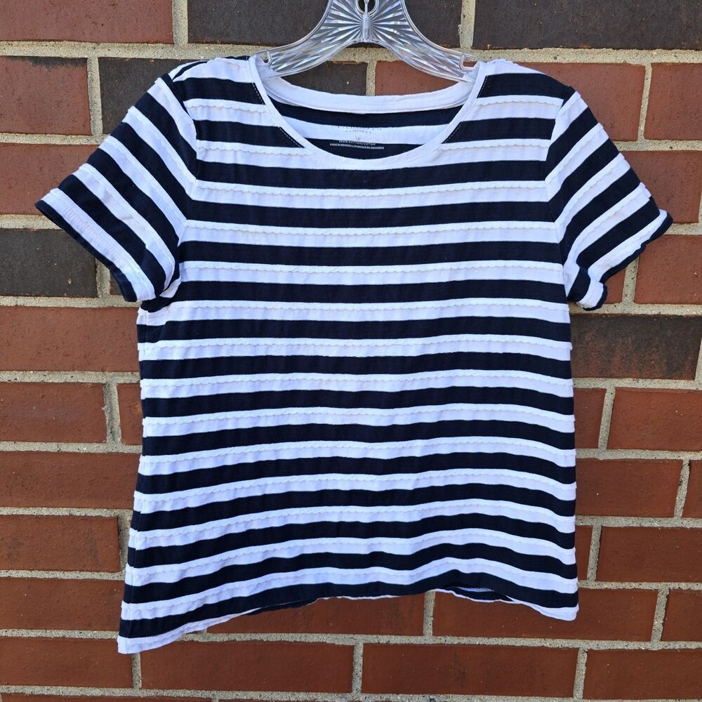 TALBOTS Petite Navy Blue Striped Cotton Short Sleeve Blouse Tee Top Sp